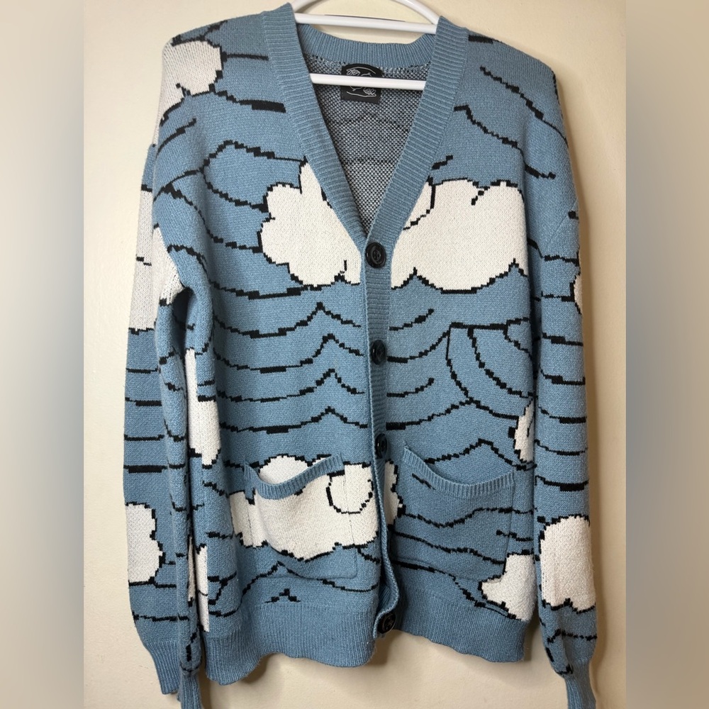 Steady Hands Cloud Pattern Cardigan Sweater Blue White M/L Cozy Indie Knit - Picture 2 of 10